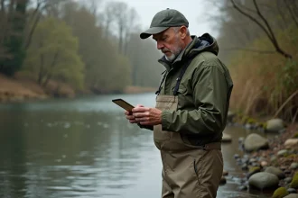Pêcheur tenant sa carte de pêche au bord d'une rivière française, examinant les détails de son permis pour la saison 2026
