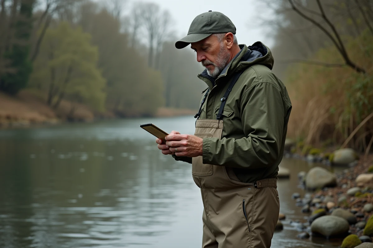 Pêcheur tenant sa carte de pêche au bord d'une rivière française, examinant les détails de son permis pour la saison 2026