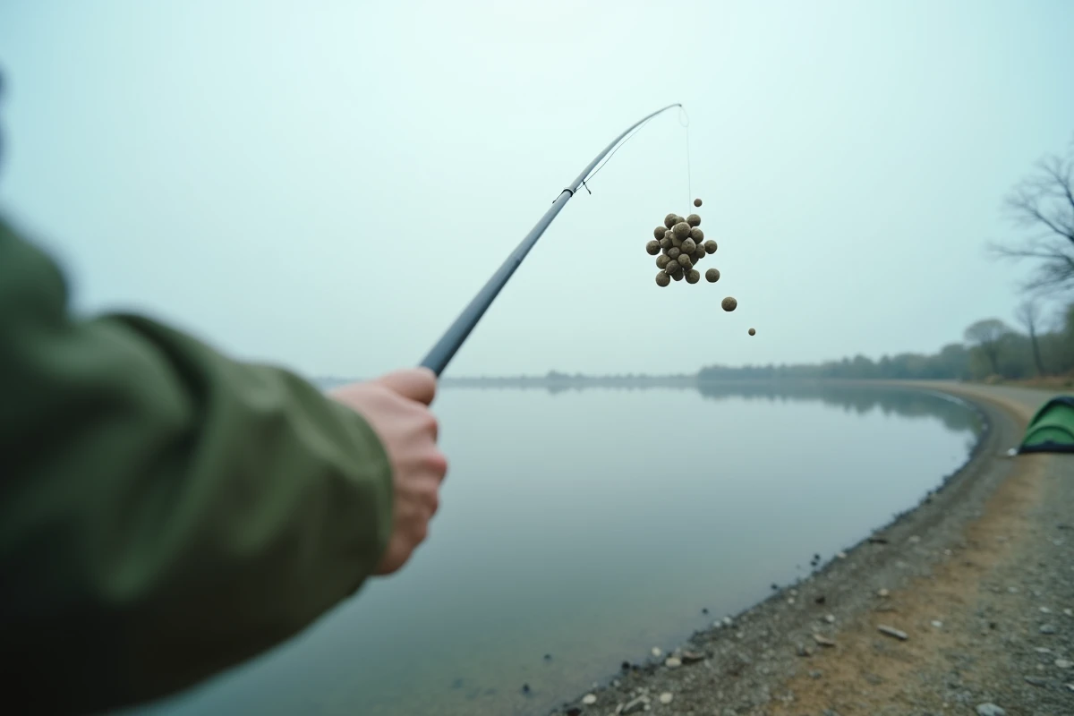 Pêcheuse utilisant une canne à amorcer pour propulser des bouillettes carpe à longue distance sur un grand lac