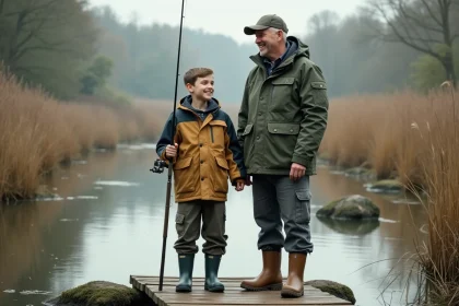 Père et fils en train de pêcher ensemble au bord d'une rivière, illustrant la carte de pêche famille 2026