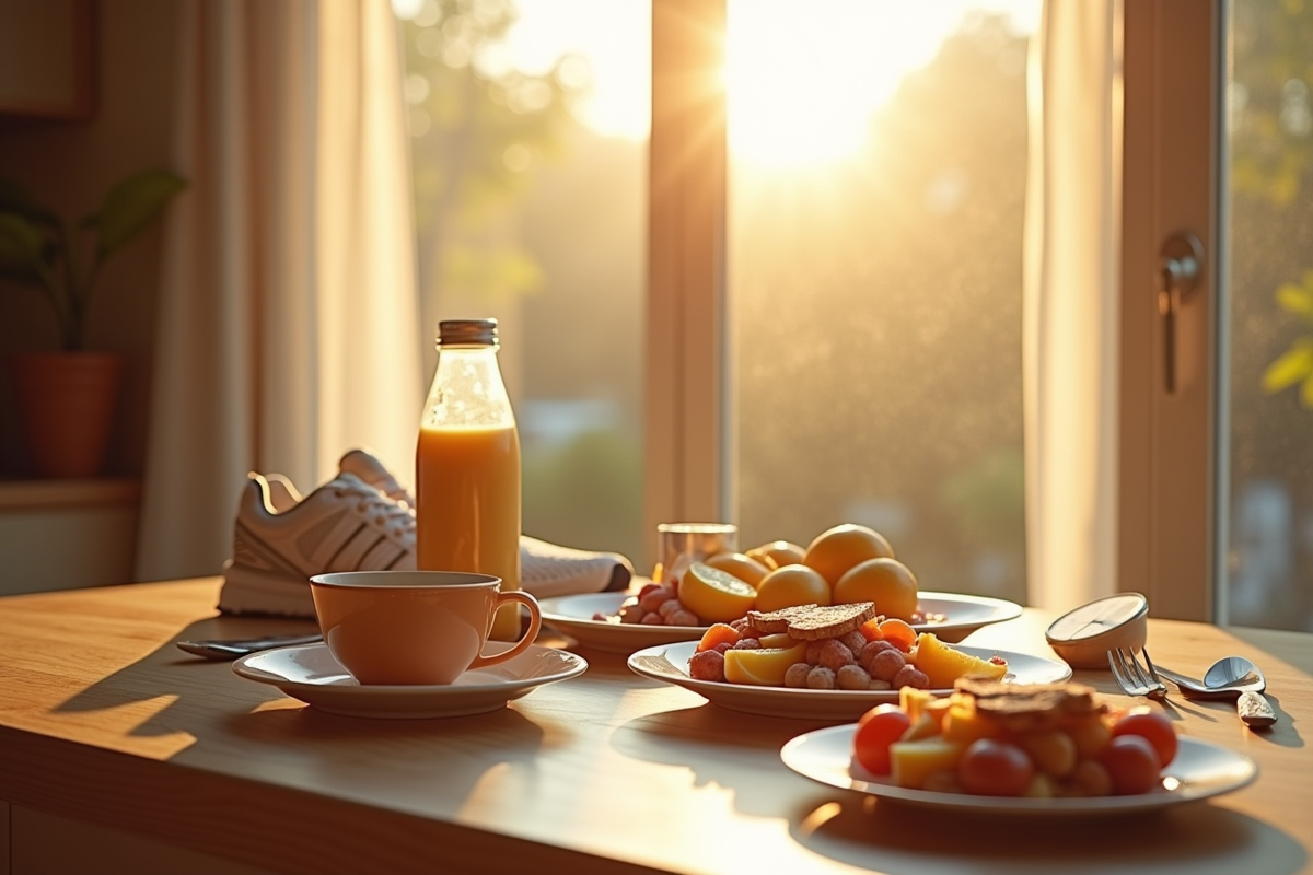 Petit déjeuner sain sur une table ensoleillée avec chaussures de sport