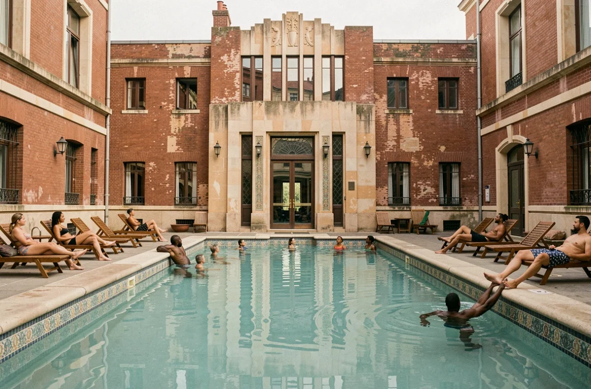 Piscine extérieure historique de la Butte-aux-Cailles dans le 13e arrondissement de Paris, avec façade en briques rouges Art Déco et bassin aux eaux turquoise