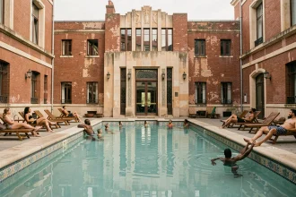 Piscine extérieure historique de la Butte-aux-Cailles dans le 13e arrondissement de Paris, avec façade en briques rouges Art Déco et bassin aux eaux turquoise