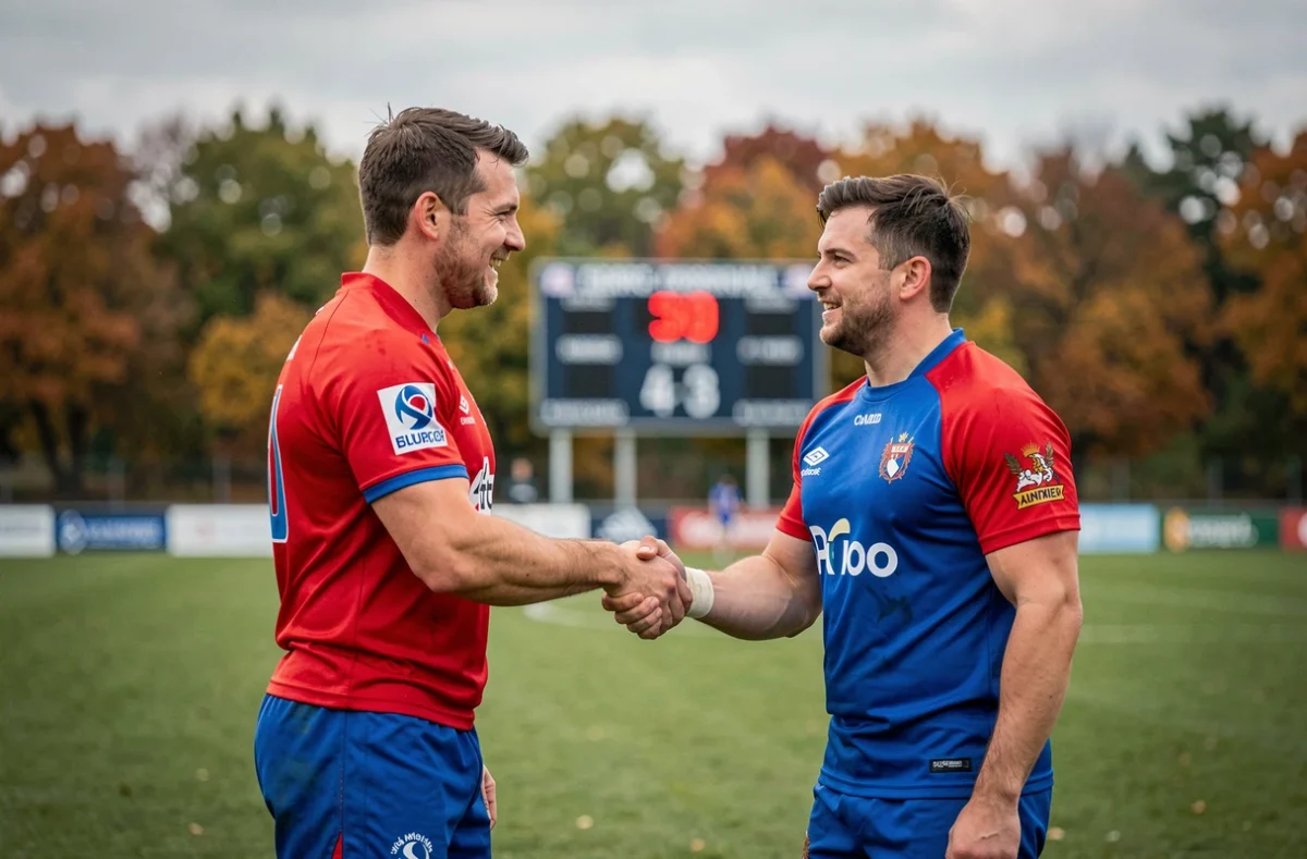 Deux joueurs de rugby de Fédérale 2 Poule 3 se serrant la main après le match devant un tableau de score