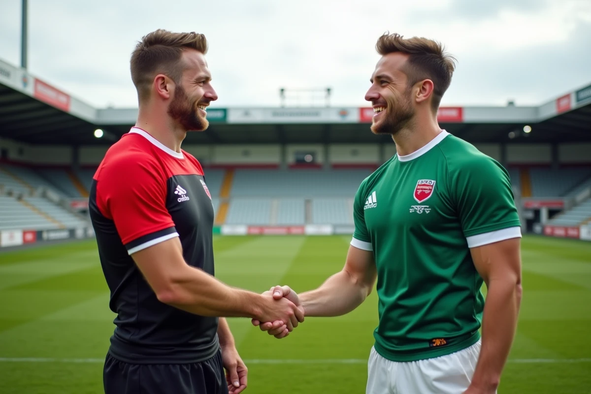 Deux joueurs de rugby de nationale 2 se serrant la main après un transfert sur un terrain d'entraînement français