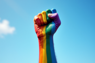 Poing levé peint en arc-en-ciel symbole de résistance