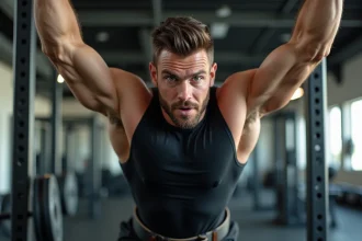 Athlète masculin effectuant des dips lestés avec une ceinture de musculation et une plaque de fonte dans une salle de sport professionnelle