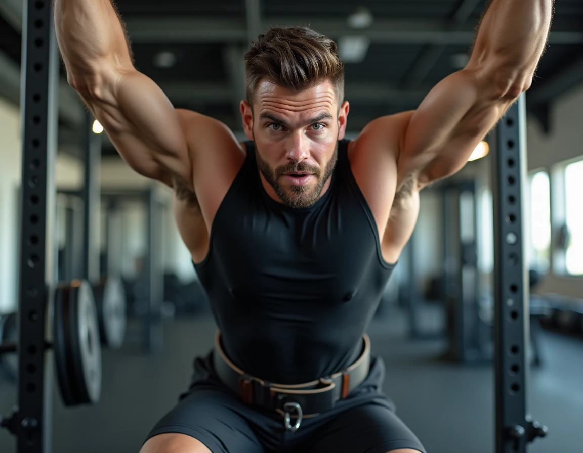 Athlète masculin effectuant des dips lestés avec une ceinture de musculation et une plaque de fonte dans une salle de sport professionnelle