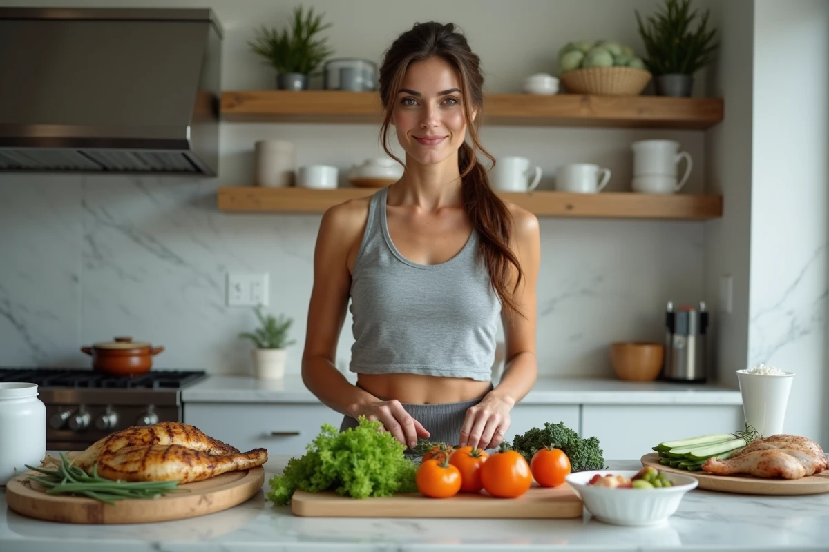 Femme sportive préparant des repas équilibrés pour accompagner une période de sèche musculaire, avec suppléments et aliments sains en cuisine
