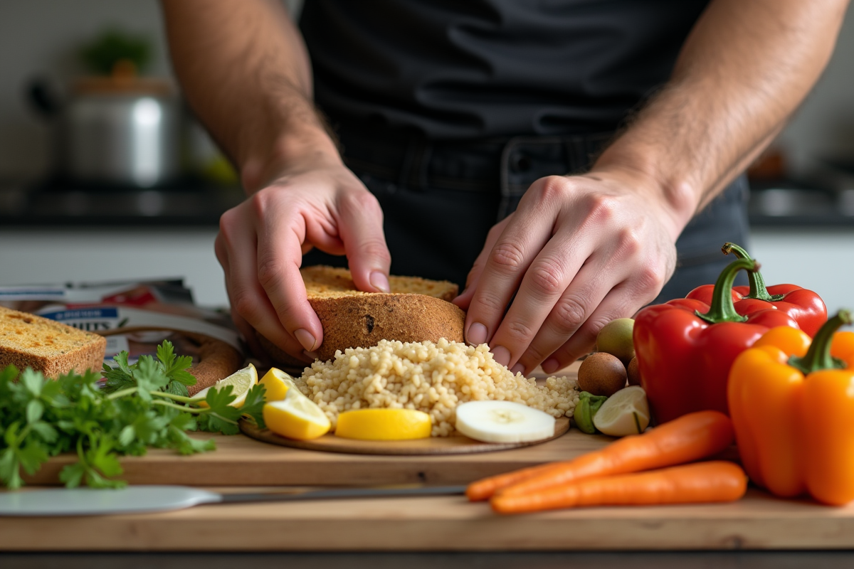 Mains préparant un repas sain avec pain complet et légumes frais sur le plan de travail