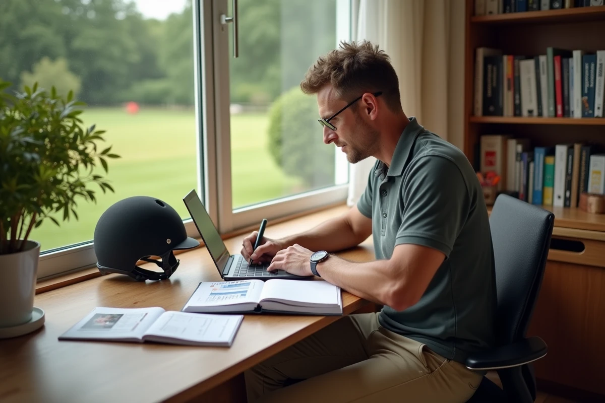 Cavalier préparant son inscription SIF FFE pour la saison 2026 depuis son bureau à domicile avec un ordinateur portable