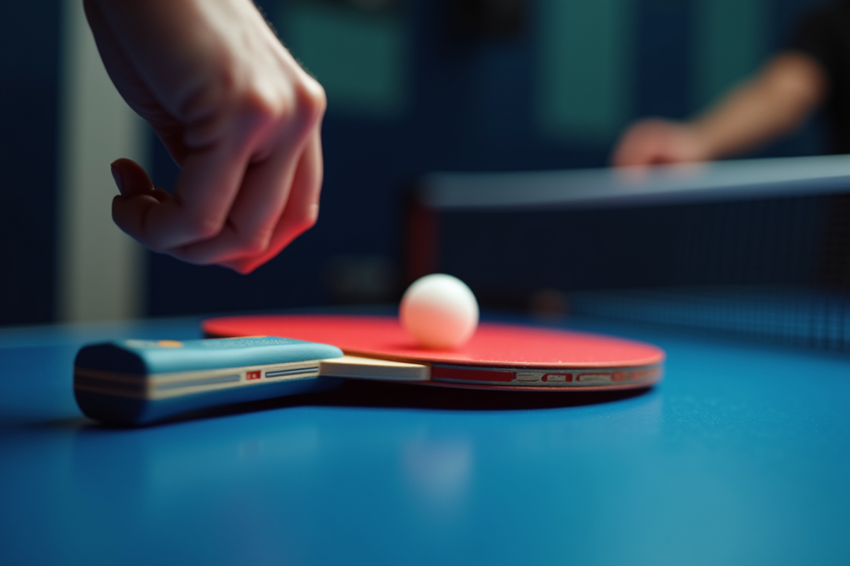 Main tenant une raquette de tennis de table en action