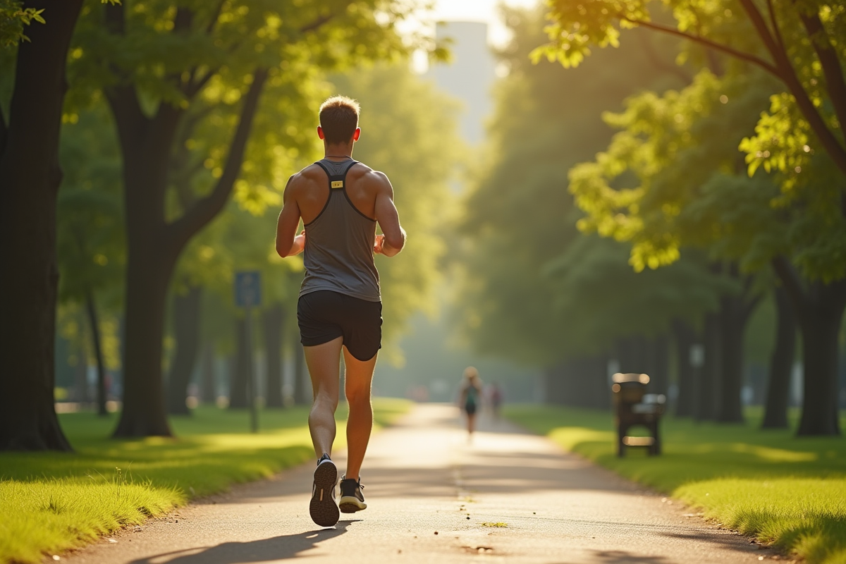 Personne marchant dans un parc ensoleille avec tenue de sport