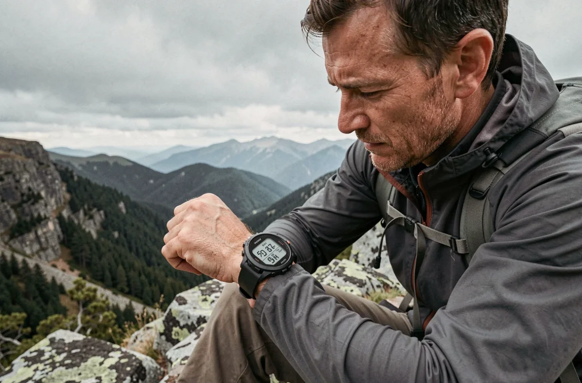 Randonneur consultant sa montre GPS sur un sommet rocheux avec panorama de vallée