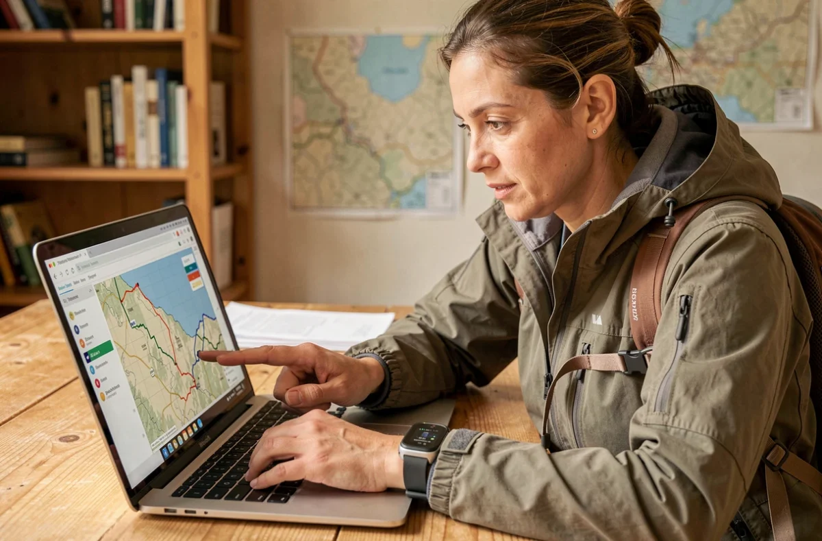 Randonneuse analysant ses données GPS sur ordinateur portable après une sortie en montagne