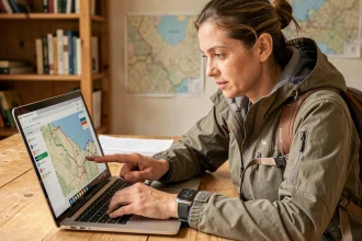 Randonneuse analysant ses données GPS sur ordinateur portable après une sortie en montagne