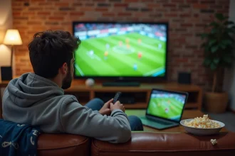 Homme regardant un match de foot en streaming légal sur son téléviseur et ordinateur portable dans son salon