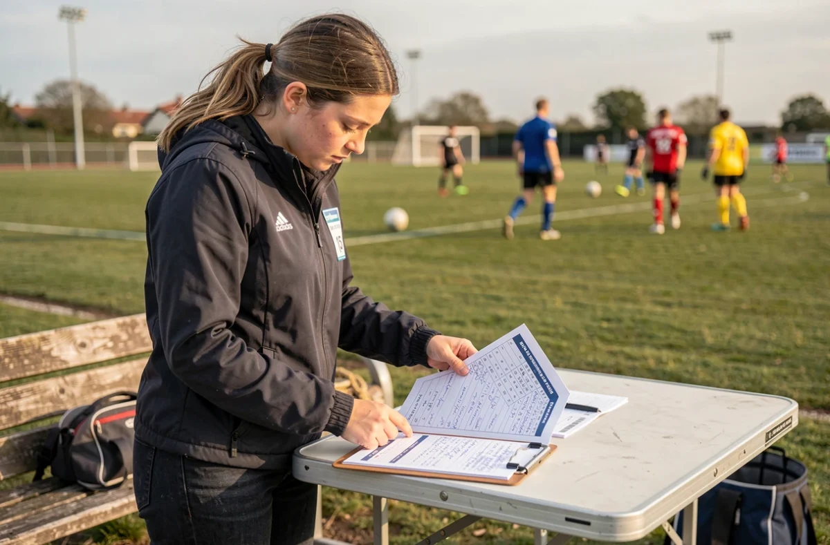 Responsable féminine de ligue district consultant un classement de football sur papier au bord d'un terrain de sport