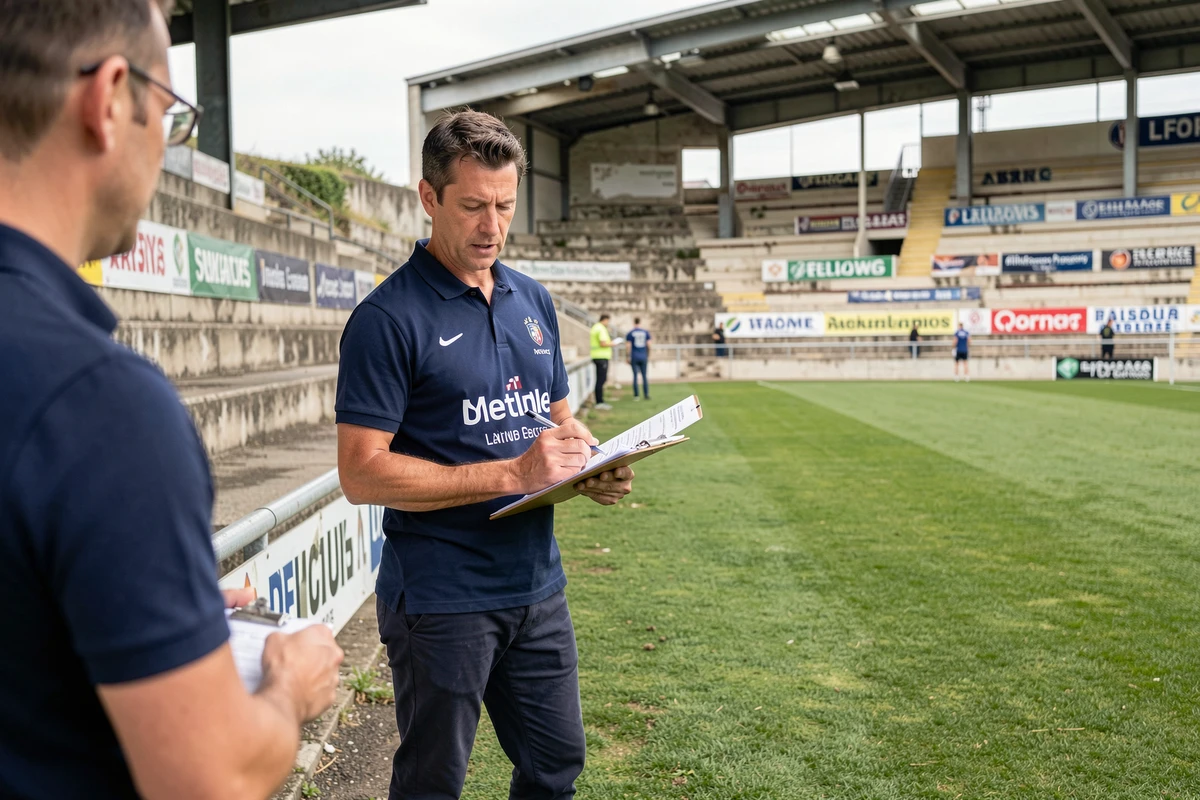 Responsable opérationnel d'un club de Ligue 1 passant en revue les plans financiers et logistiques de la saison au bord du terrain du stade