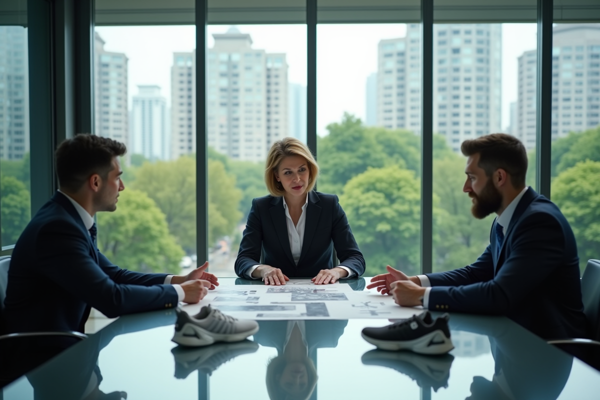 Femme dirigeante discutant avec designers de sport et sneakers