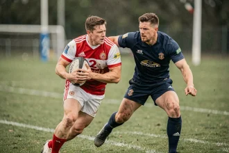 Deux joueurs de rugby Nationale 2 lors d'un plaquage en match, action dynamique sur terrain enherbé