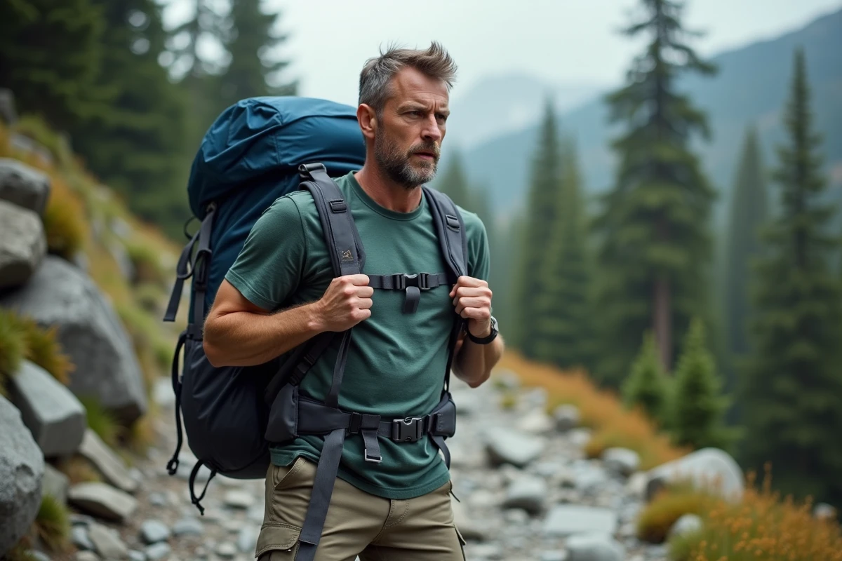 Randonneur ajustant un sac à dos 70L mal ajusté sur un sentier alpin, illustrant les erreurs de réglage courantes en randonnée