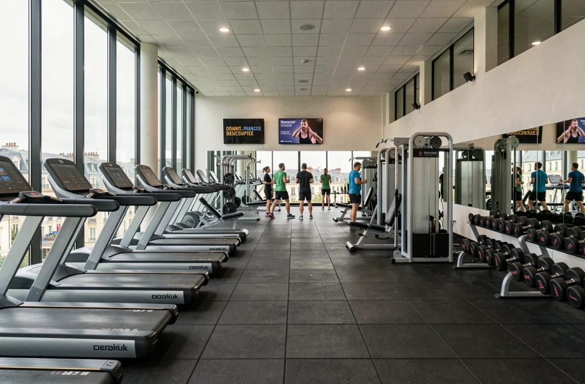 Vue panoramique d'une salle de musculation moderne en Bourgogne-Franche-Comté avec équipements complets et membres actifs