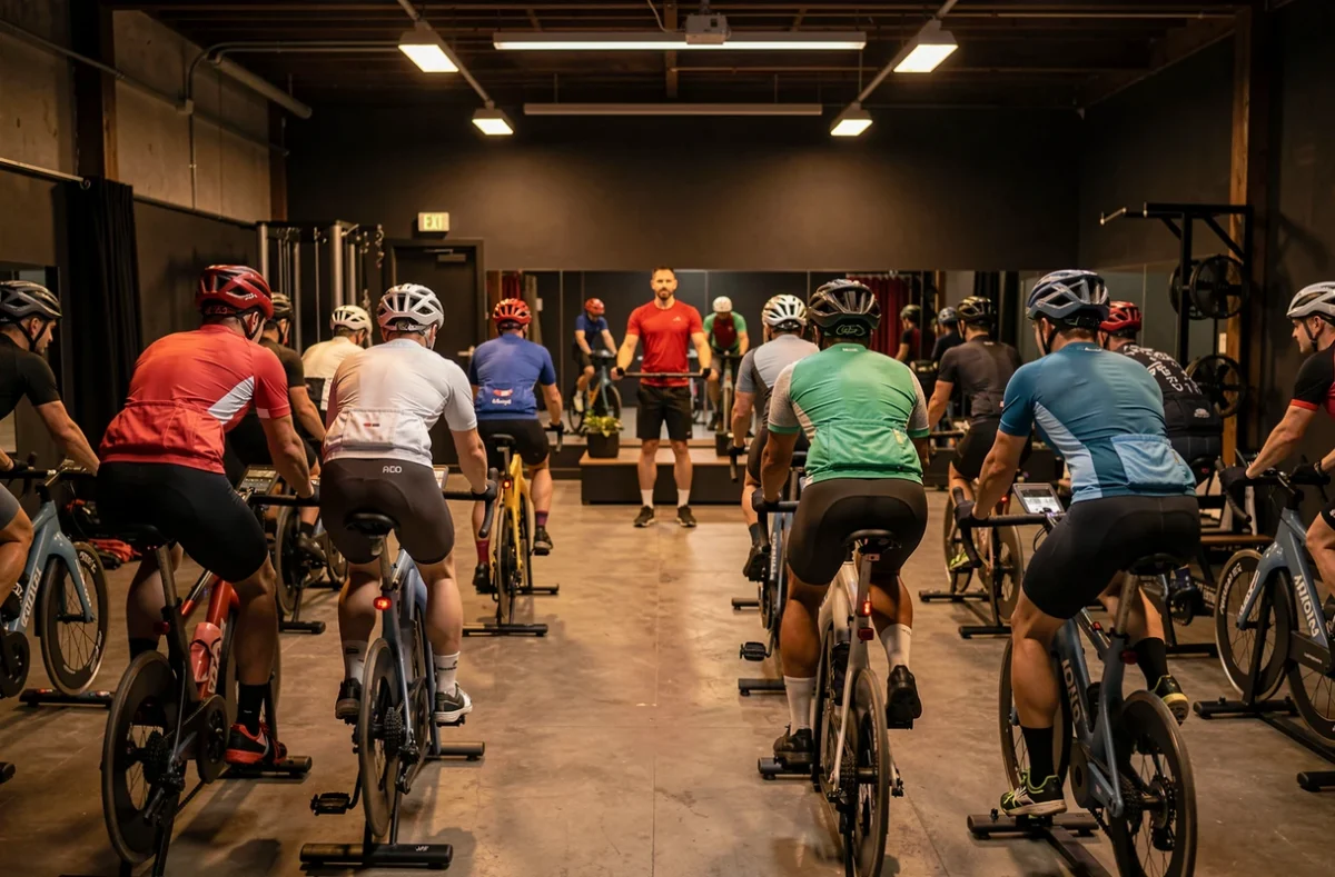 Séance collective de vélo en salle avec un animateur