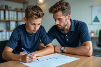 Jeune footballeur en section jeunes consultant un tableau de progression sportive avec son entraîneur dans un bureau de club