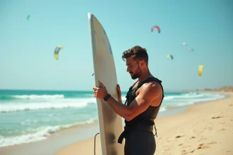 Homme en combinaison ajustant sa planche de foil sur la plage