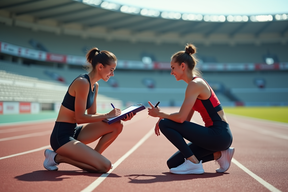 Femme sprinteuse signant un contrat sur une piste de stade en extérieur