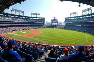 Vue panoramique intérieure du stade Citi Field des Mets de New York avec les sièges remplis de supporters et le terrain de baseball vert visible au centre