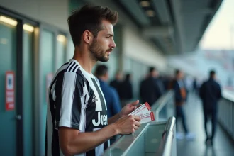 Supporter de la Juventus FC tenant ses billets de match devant un guichet du stade Allianz Arena