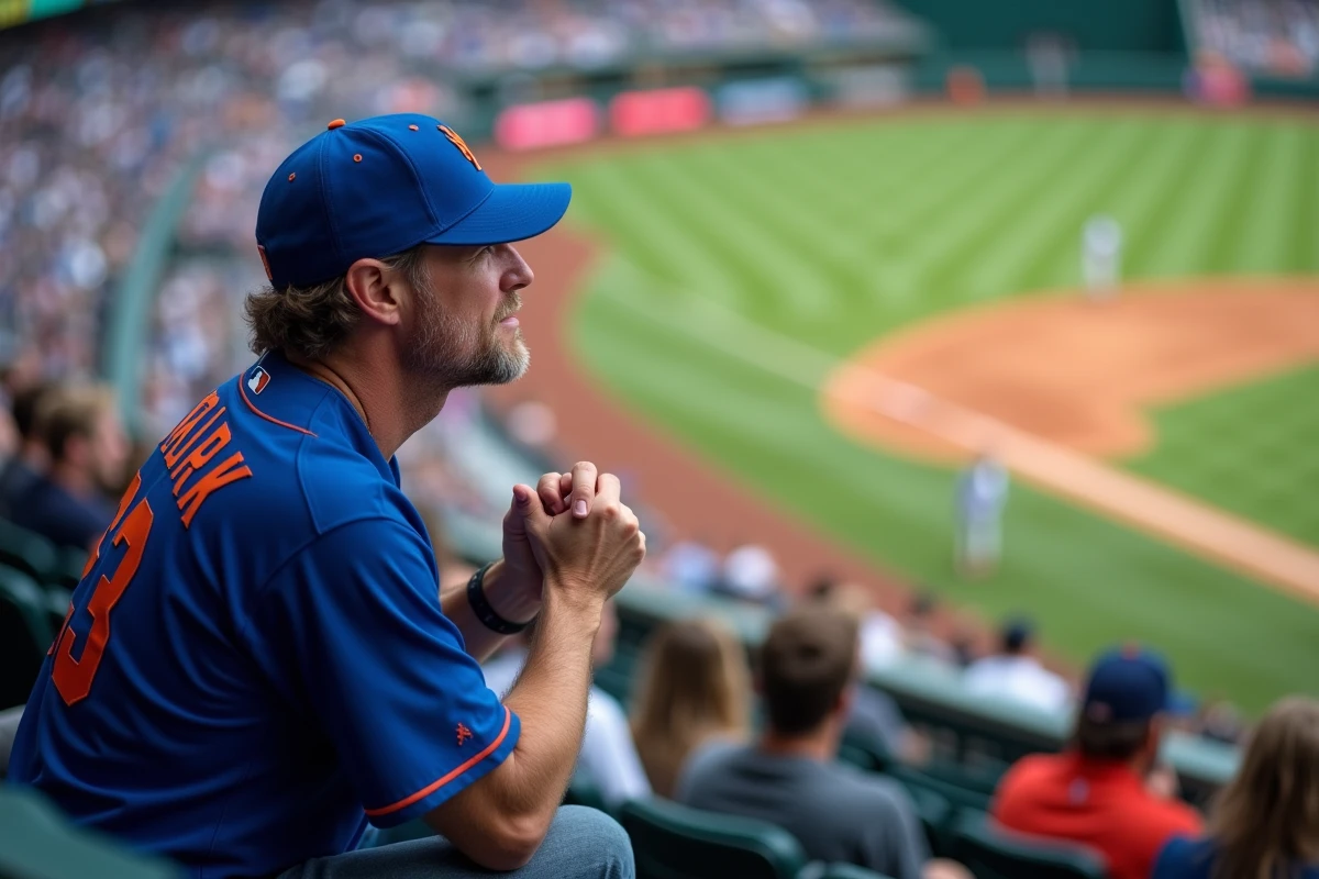 Supporter des Mets de New York assis en section inférieure près de la première base observant le match avec attention depuis son siège au stade