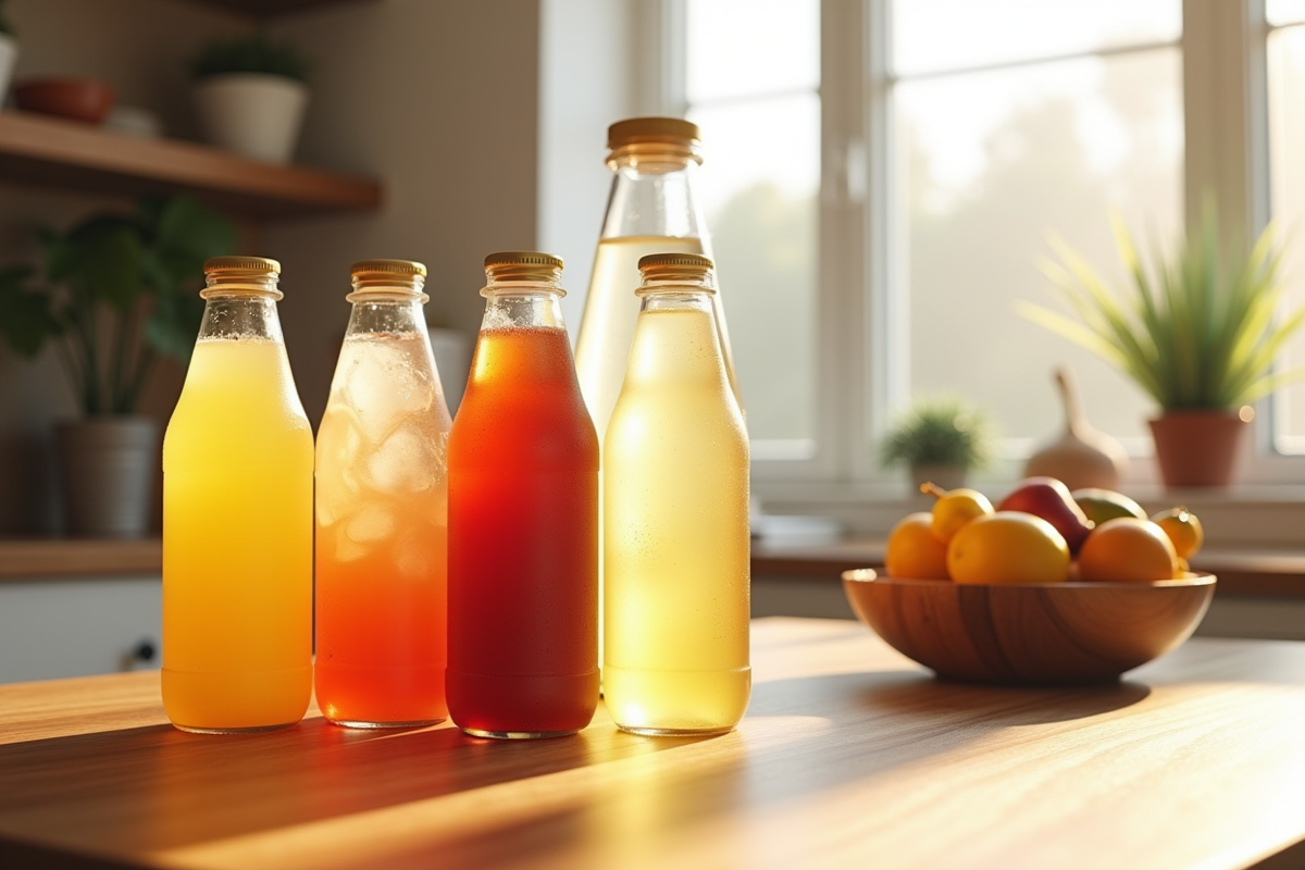 Table de cuisine avec boissons sport et eau de coco