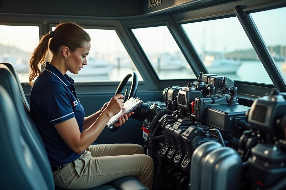 Technicien marine vérifiant le moteur dans la cabine du bateau