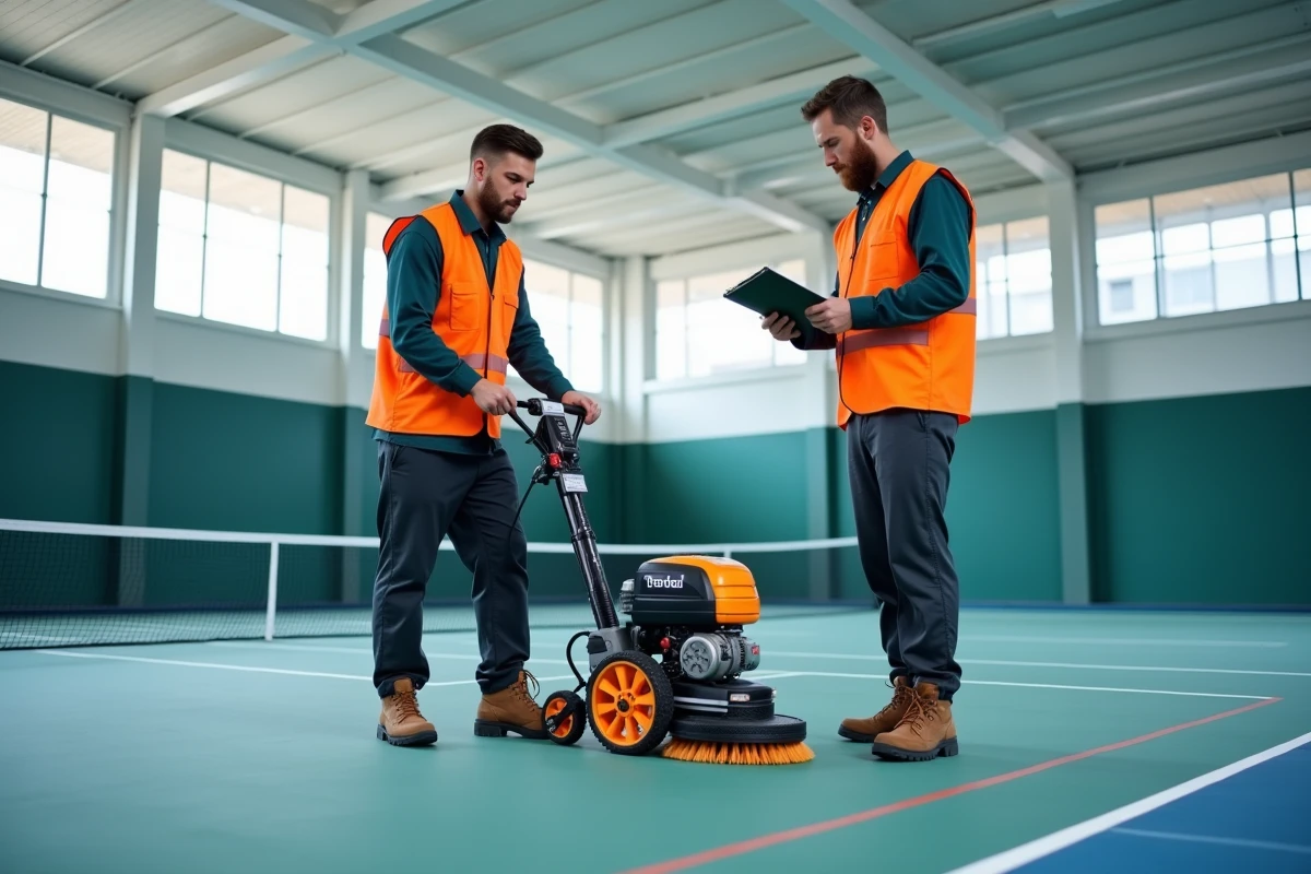 Deux techniciens utilisant une machine de brossage électrique pour l'entretien d'un court de padel intérieur