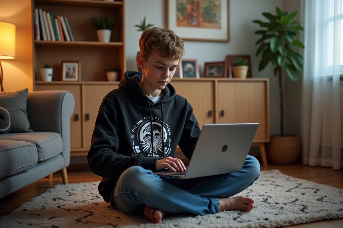 Adolescent jouant en ligne dans un salon cosy à la maison