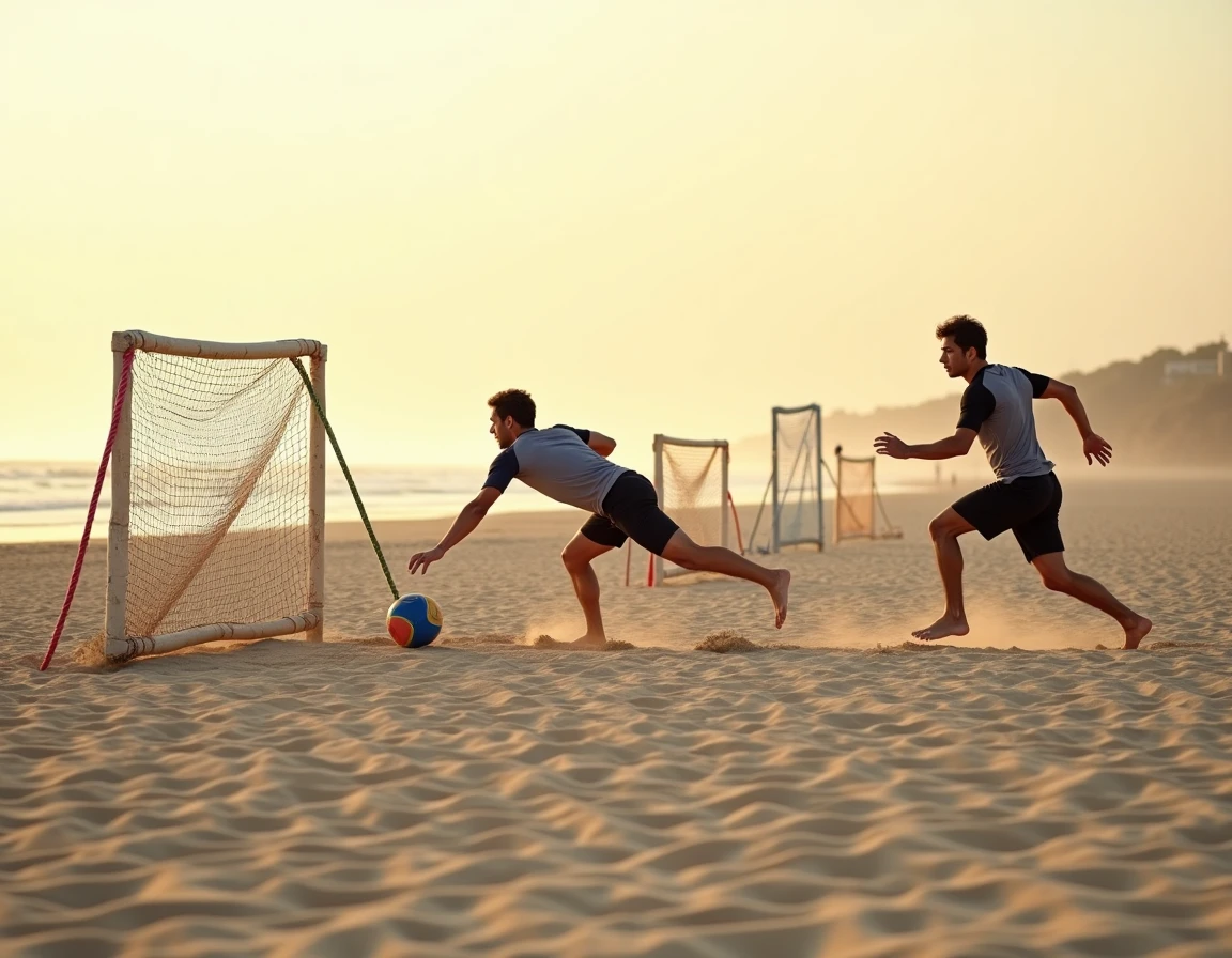Joueurs de beach handball en action sur un terrain de sable en bord de mer avec filets de but