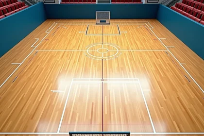 Vue aérienne d'un terrain de handball classique en salle avec lignes de jeu et buts réglementaires
