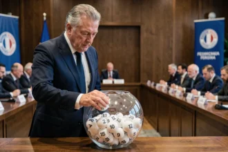 Officiel de la Fédération Française de Football effectuant le tirage au sort de la demi-finale de la Coupe de France avec une boule numérotée