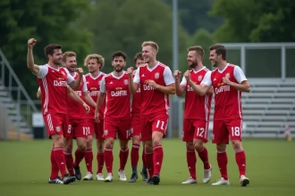 Joueurs amateurs de football en maillot de district célébrant une victoire lors d'un tournoi local en plein air