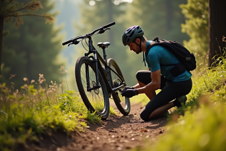 Vélo tout terrain en forêt vérifiant la pression du pneu