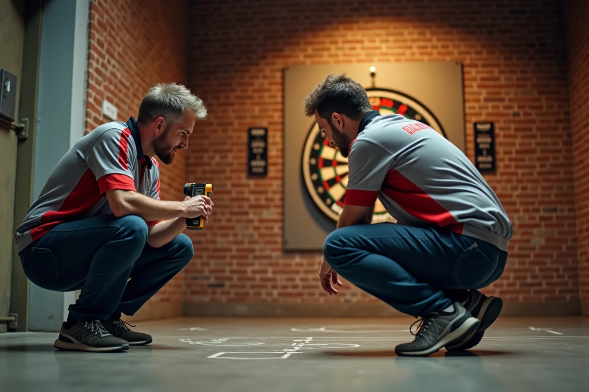 Deux joueurs vérifiant la distance officielle fléchettes dans une salle de loisirs avec télémètre laser