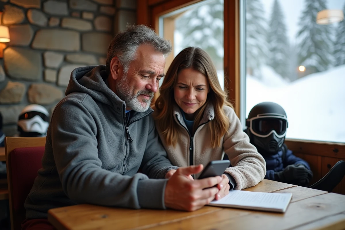 Couple en tenue de ski vérifiant les conditions d'un forfait en ligne sur smartphone dans un café de montagne