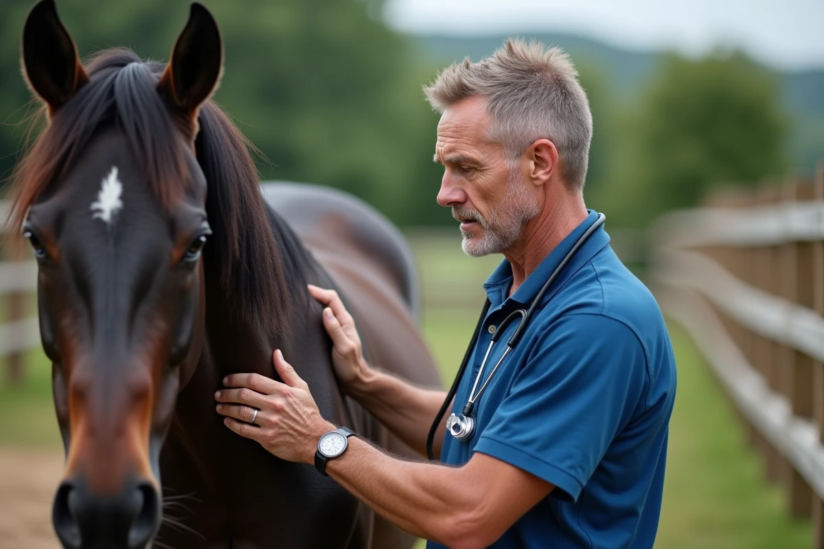 Vétérinaire vérifiant le rythme cardiaque d’un cheval