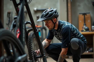 Vététiste inspectant une fourche suspension Manitou Comp dans un atelier de vélo avec outils et composants au sol