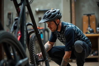 Vététiste inspectant une fourche suspension Manitou Comp dans un atelier de vélo avec outils et composants au sol