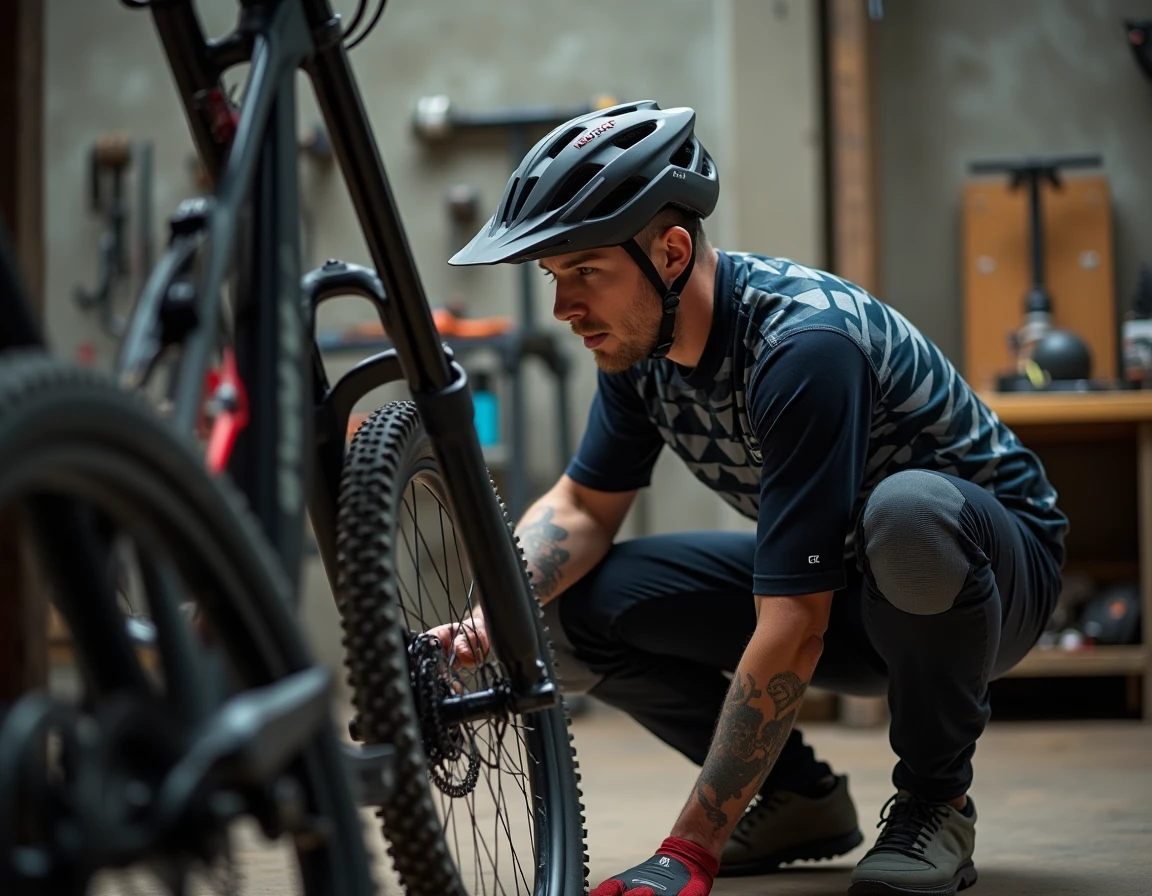 Vététiste inspectant une fourche suspension Manitou Comp dans un atelier de vélo avec outils et composants au sol