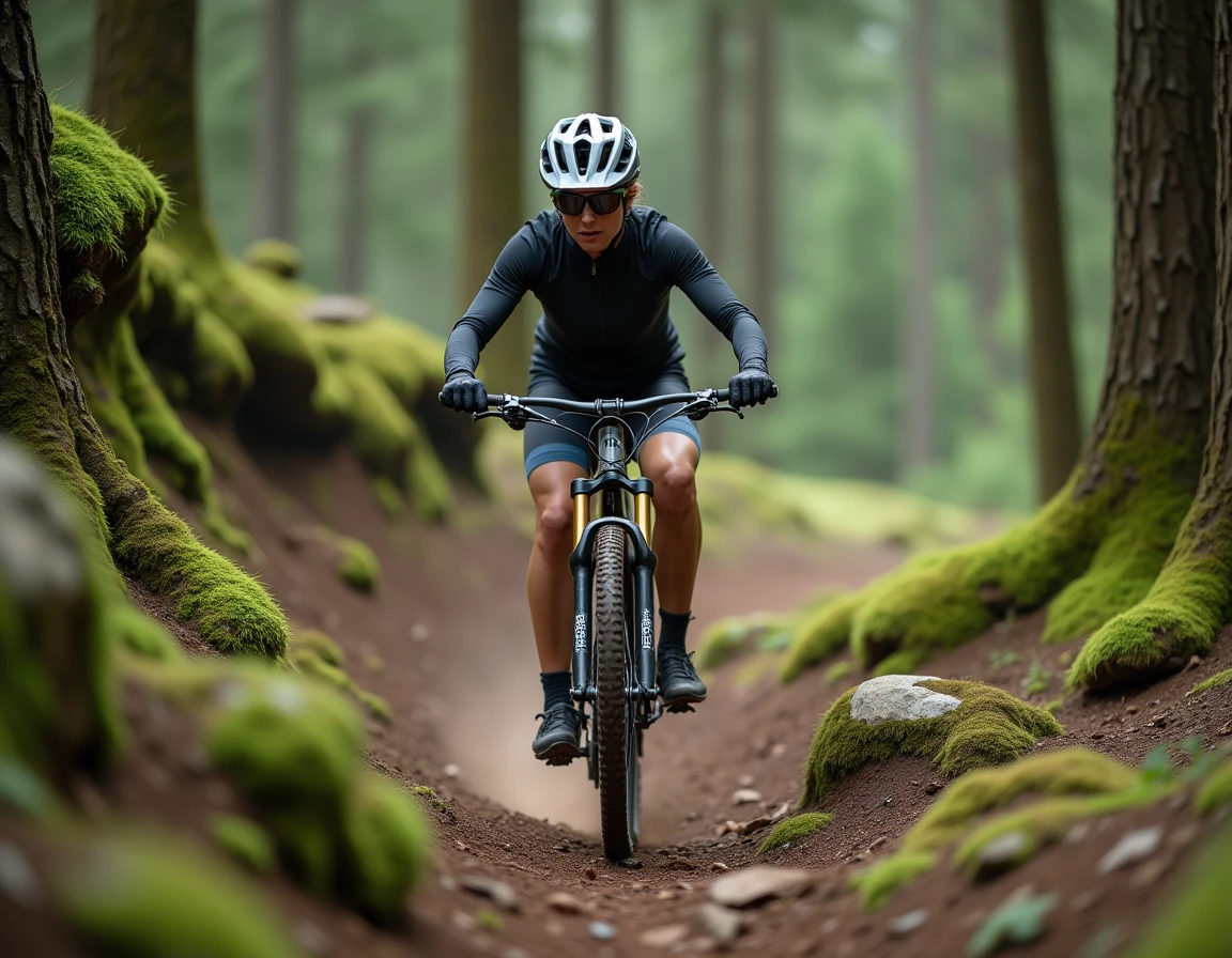 Vététiste en action sur un sentier de forêt avec une fourche Manitou Comp sur un vélo tout-suspendu